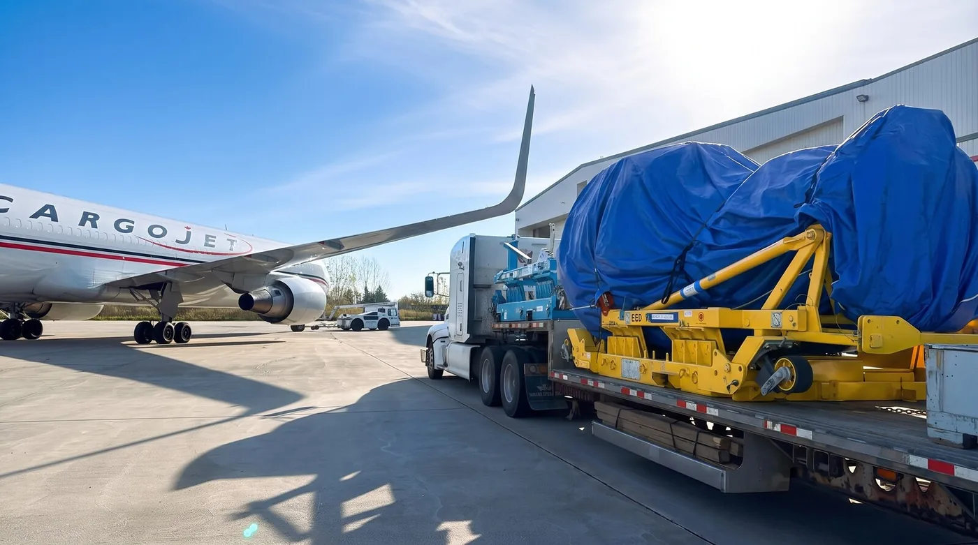 Jet engine on flatbed beside Cargojet 767