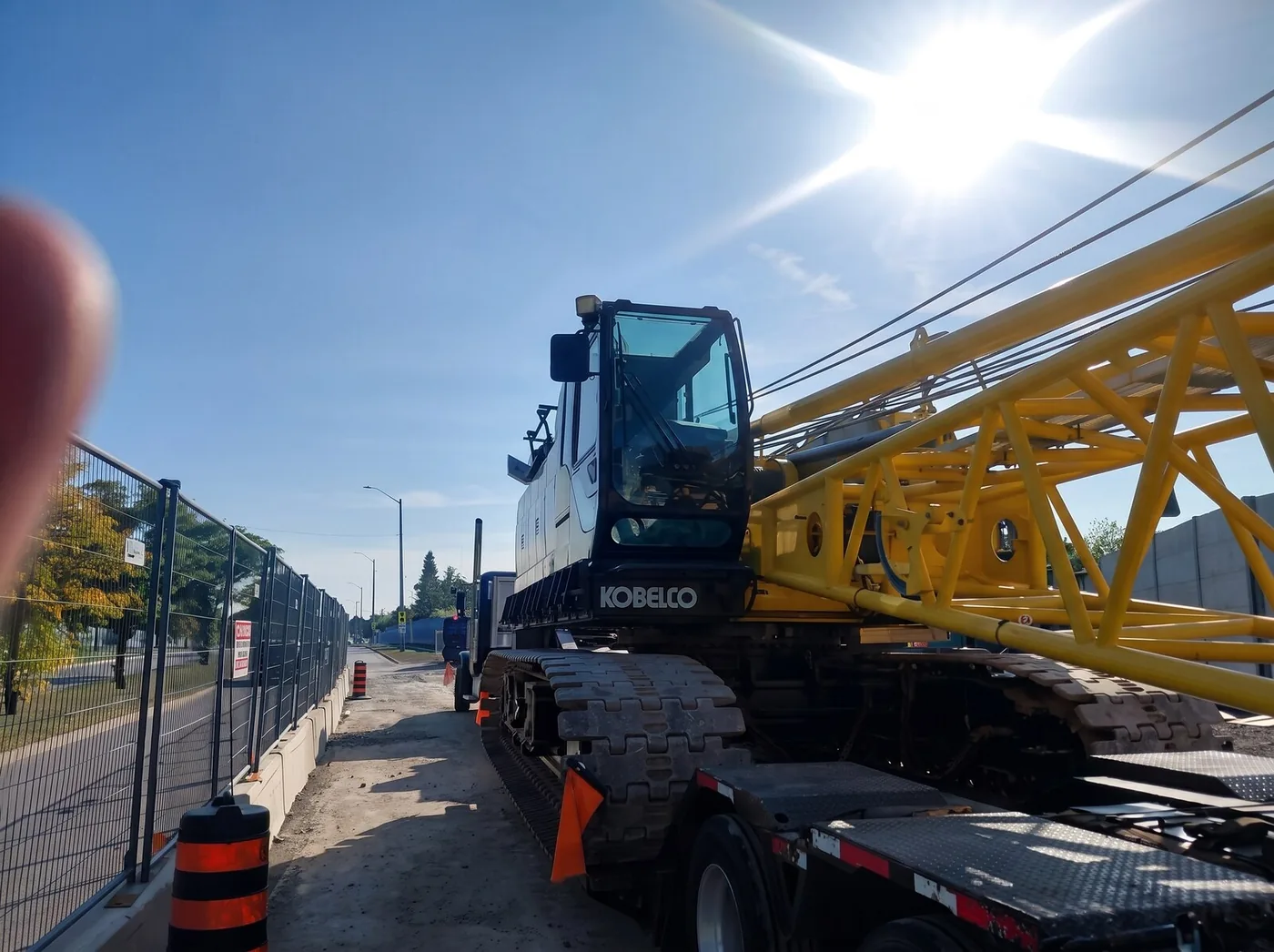 Kobelco crawler crane on lowboy