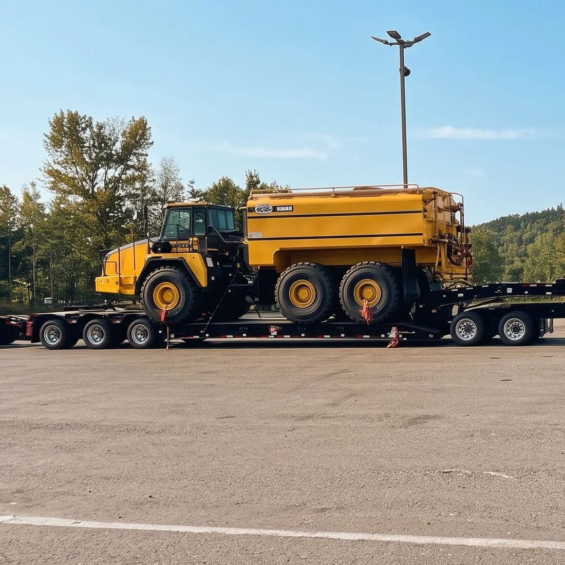 Cat articulated haul truck loaded on a multi-axle lowboy trailer