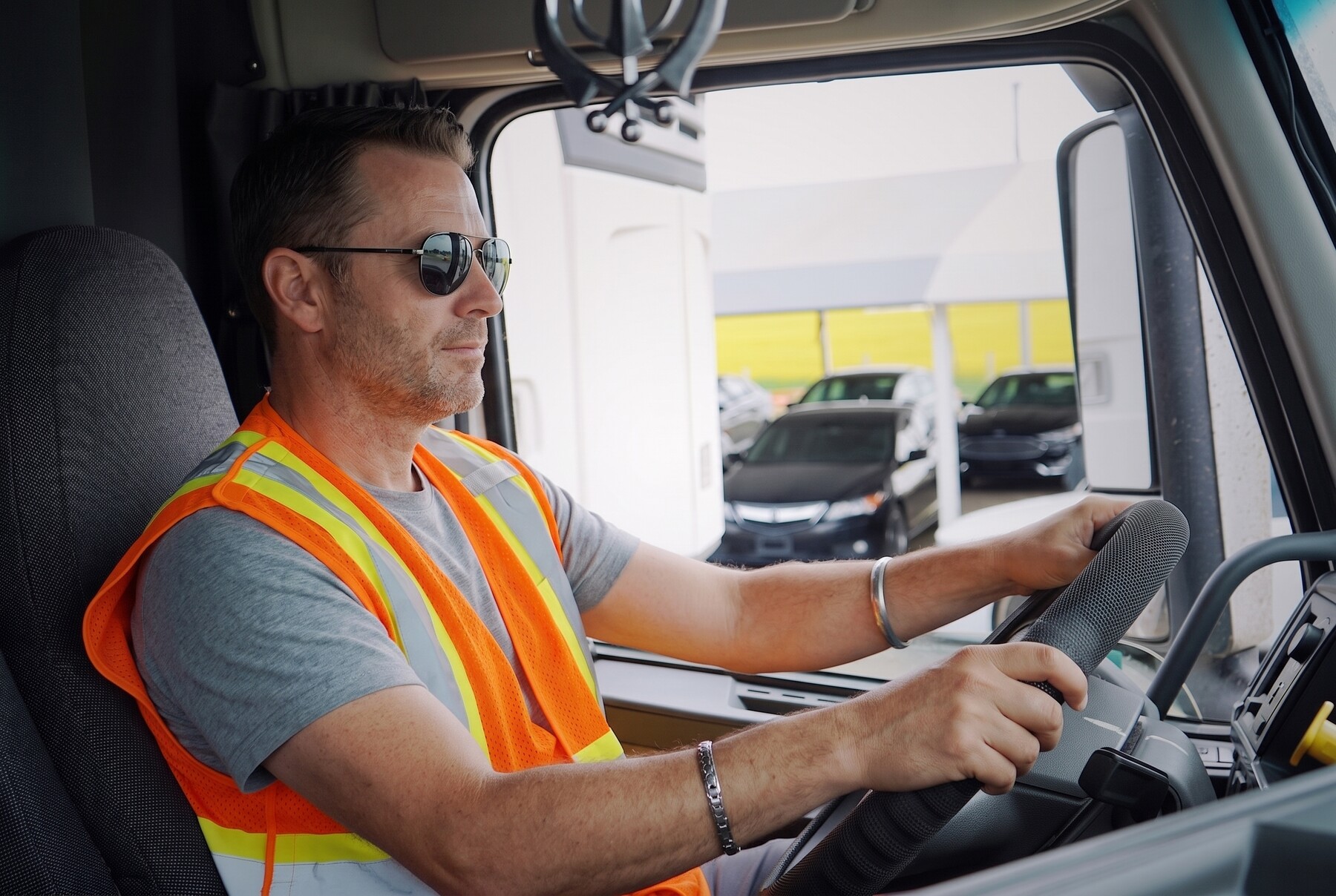 Driver at the wheel of a highway tractor