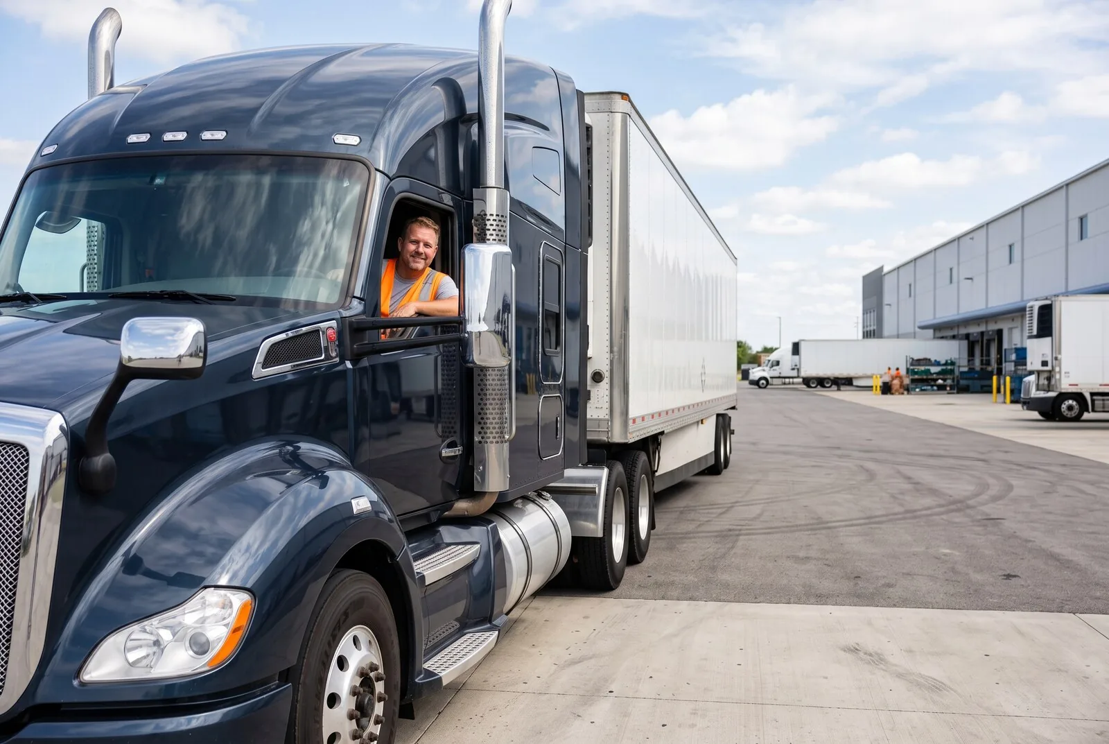 Truck driver leaning out the cab window of a heavy-haul rig at the depot