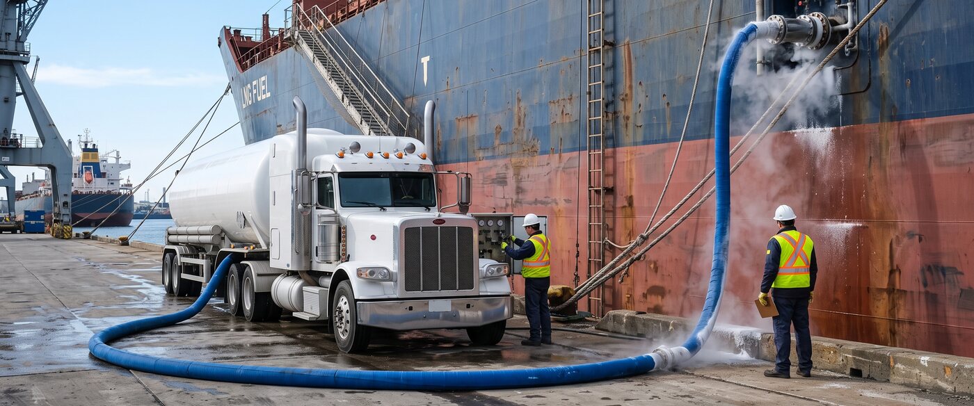 LNG tanker truck bunkering a ship dockside with transfer hose connected