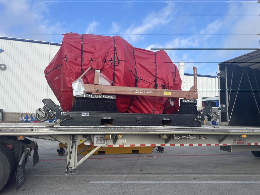Same RB211-535 engine on National Aero Stands stand on Volvo flatbed — clear side profile
