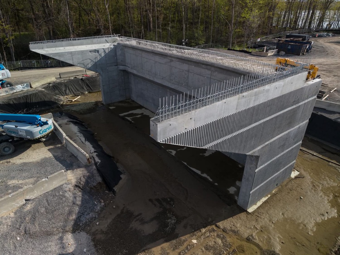 Concrete bridge abutment / pier with rebar protruding, ready for pour
