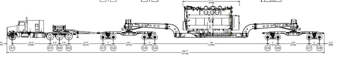 Schreuder-style trailer diagram — 156&prime; rig with power transformer between dual jeeps