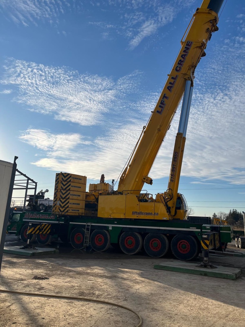 Lift All Crane Liebherr AT crane staged with counterweight stack ready for TBM lift